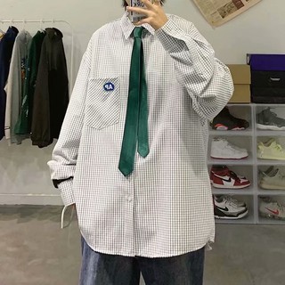 韓版個性領帶長袖格子襯衫 百搭格子長袖襯衫 韓版翻領襯衫休閒學院風襯衣長袖 正韓上衣 男生衣著（THH33）【壹號站】