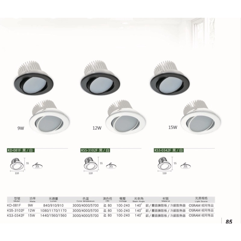 好時光～KAOS LED 9W 12W 15W 9.5cm崁燈 廣角 導光板 黑 白框嵌燈 9.5公分全電壓