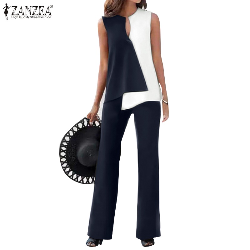Zanzea 女士時尚街頭服飾 O 領無袖背心 + 彈性腰闊腿褲休閒 2 件套