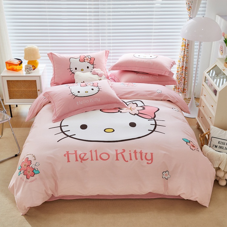 hello kitty 全棉床包四件組 KT貓純棉三件套 少女心粉色雙人床包 兒童床包 床包組 被套 床單 枕套 寢具