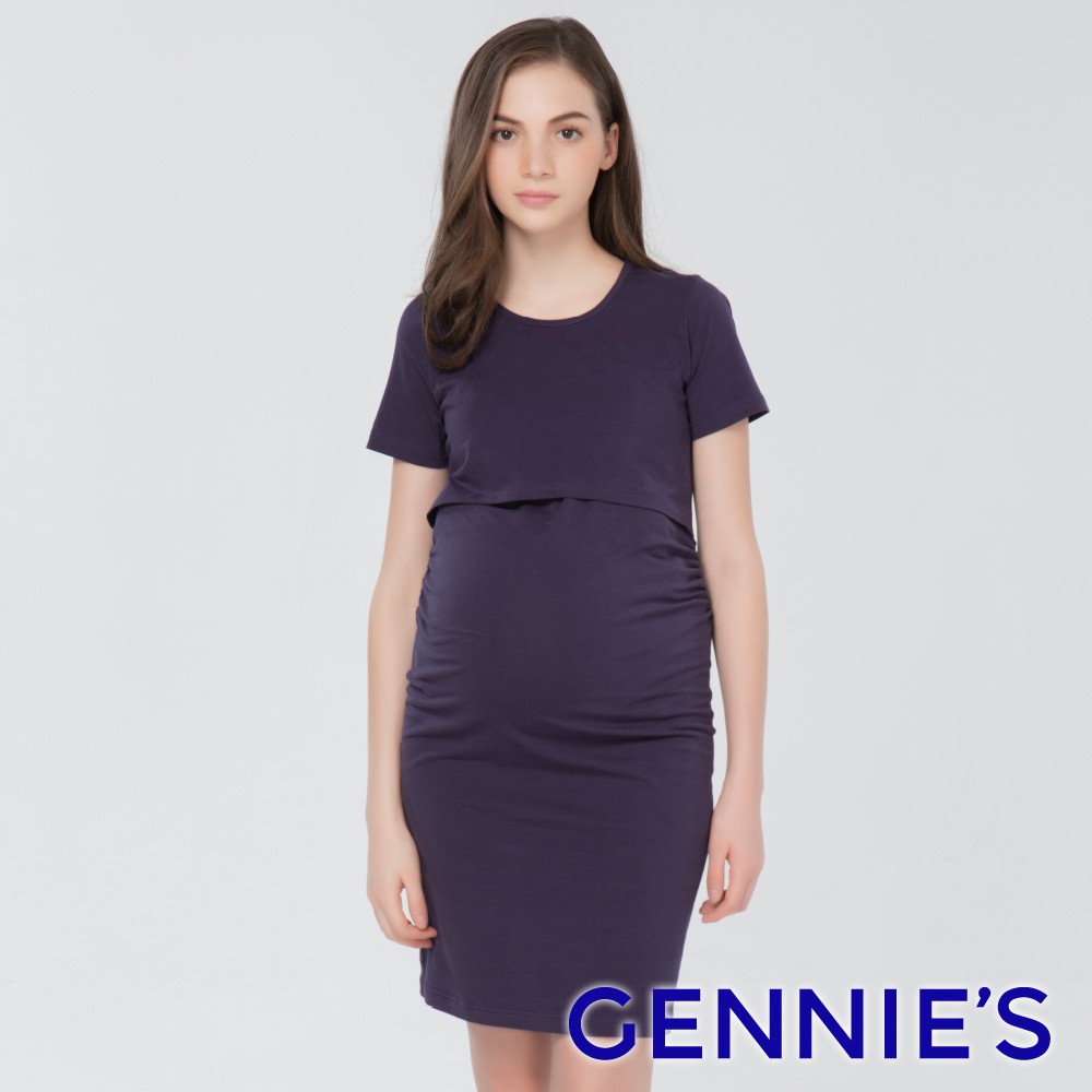 【Gennies 奇妮】一件式修身哺乳洋裝-紫(T1J16)