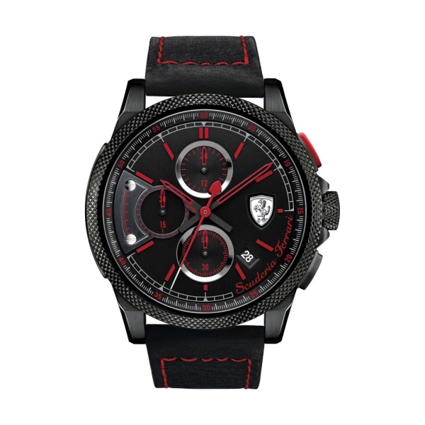 【Ferrari 法拉利】速度感時尚三眼真皮腕錶-時尚黑/FA0830273/台灣總代理公司貨享兩年保固