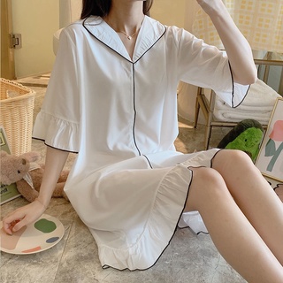 冰絲短袖睡裙 大尺碼 女生夏季薄款睡衣 簡約純色居家服 韓國流行家居服 喇叭袖喇叭裙襬 很仙的白色 紡絲面料 免運