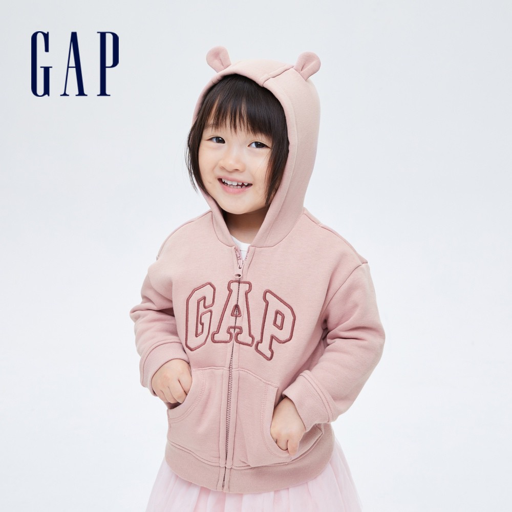 Gap 嬰兒裝 Logo刷毛熊耳連帽外套-粉色(732537)