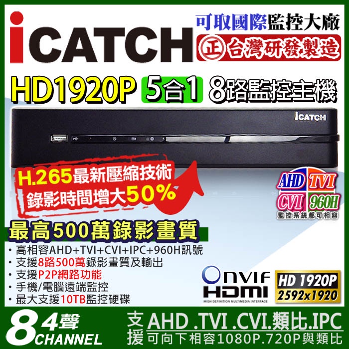 icatch 可取 8路4聲 H.265 500萬 DVR 4K 混合型數位錄影主機 監控主機 手機遠端