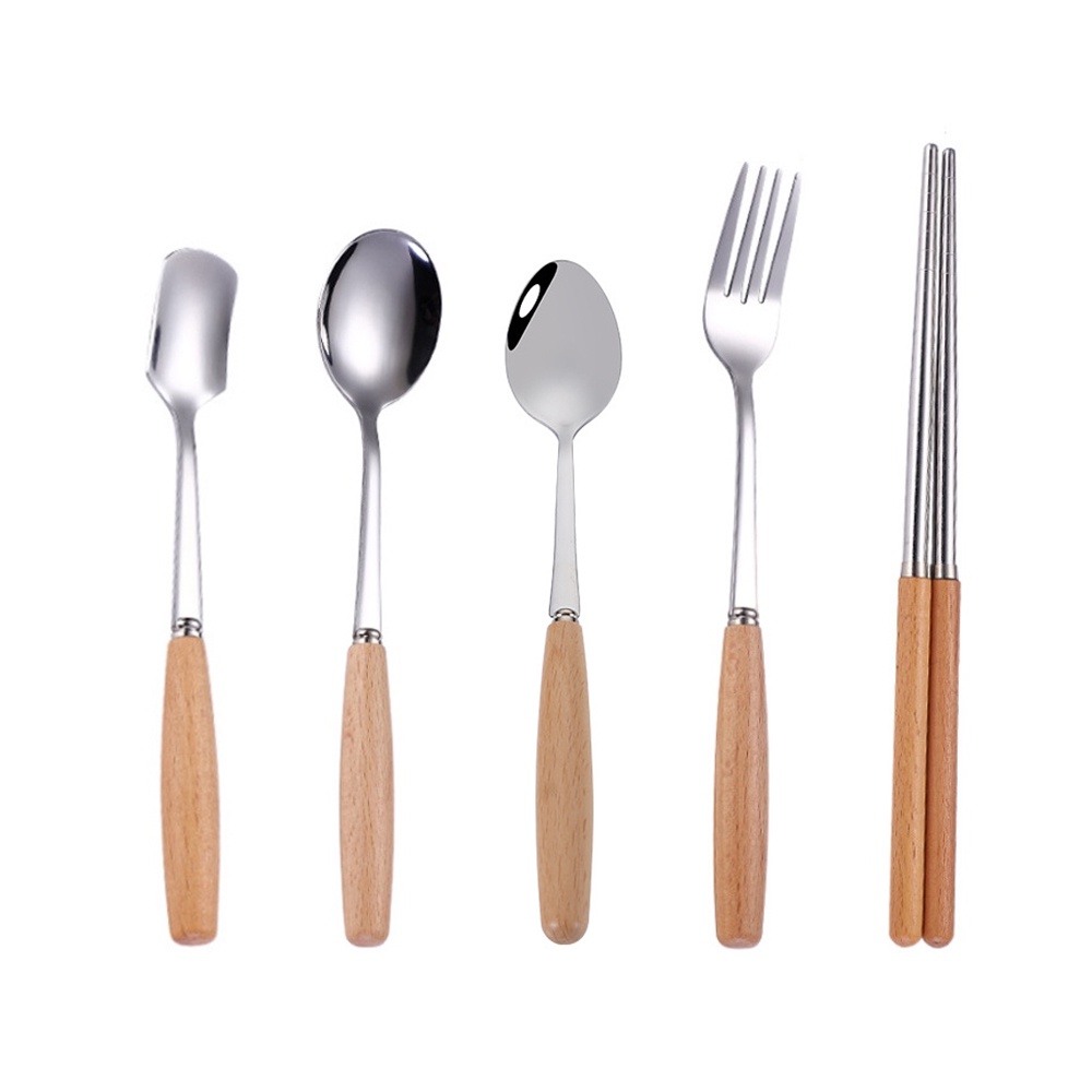 不鏽鋼餐具 木柄餐具 不銹鋼湯匙 叉勺筷套組 水果叉 筷子 西餐具套裝