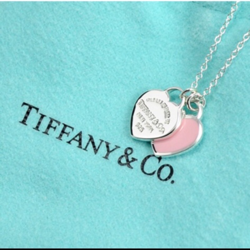 二手TIFFANY&amp;CO.迷你雙色雙心純銀項鍊。粉紅色。九成新