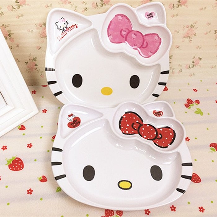 Hello Kitty凱蒂貓貓頭形密胺盤子美耐皿四格餐盤飯盤餐具 0071