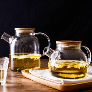 居家家 水壺 1000ml 韓國 竹蓋玻璃花茶壺耐熱 明火煮茶 泡茶壺加厚紅茶水壺 家用透明泡茶器