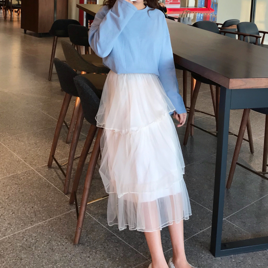 Holly S 韓版高腰網紗裙蛋糕裙小個子150cm蛋糕裙半身長裙夏天薄款高腰黑紗裙子女網紗群子穿搭