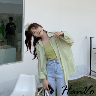 【HanVo】夏日馬卡龍色系輕甜襯衫 甜美雪紡可愛寬鬆百搭基本款防曬上衣外套 韓國女裝 女生衣著 A02-1719