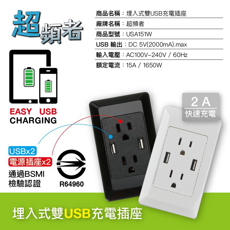 《USA151B》埋入式  2A 雙充電插座 雙USB插座 手機平板充電專用 BSMI認證