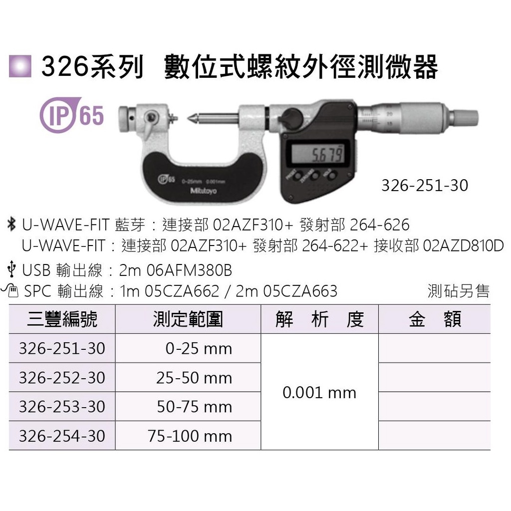 日本三豐Mitutoyo 326系列 數位式螺紋外徑分厘卡 數位式螺紋外徑測微器
