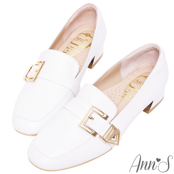 Ann’S鏤空造型金扣頂級綿羊皮平底樂福鞋3cm-白