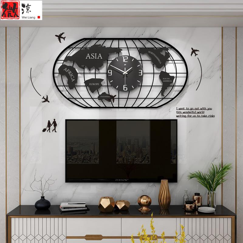 《微涼精品店》     簡約歐式鐘錶掛鐘客廳家用裝飾時鐘創意世界地圖電子鐘靜音時鐘壁掛時鐘掛牆時鐘