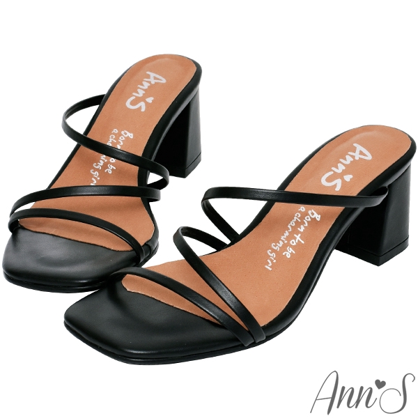 Ann’S魔法美腿術-顯瘦Z型弧度方頭粗跟涼拖鞋-黑