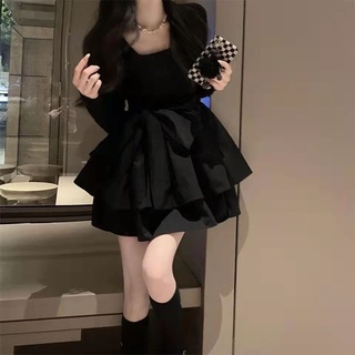 現貨+預售 洋裝 法式赫本風蝴蝶結綁帶純欲連身裙 顯瘦收腰連衣裙 黑色顯瘦連衣裙 約會洋裝小黑裙 洋裝短裙 連衣裙 裙裝