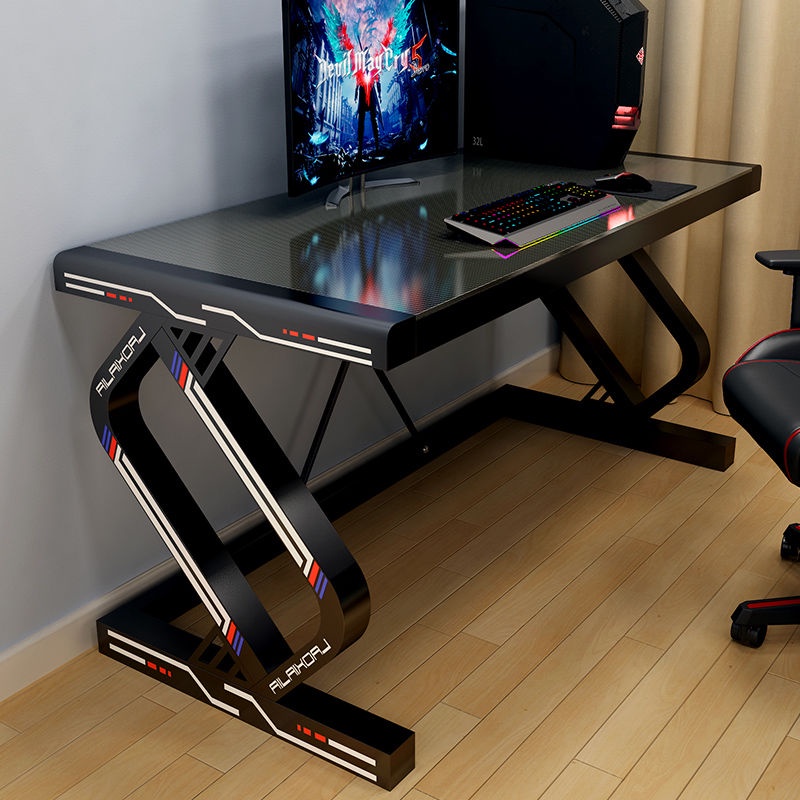 【電腦桌】電競桌電競桌臺式家用電腦桌鋼化玻璃碳纖維紋理簡約臥室桌單人游戲桌子