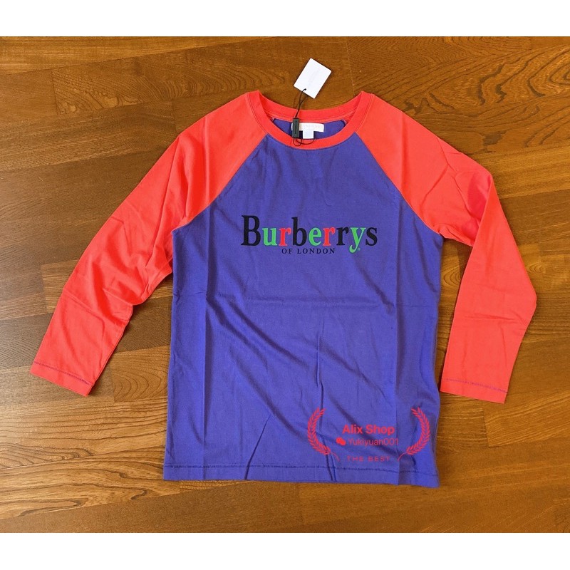 特價Burberry Logo 女童裝14Y 紅紫色 拼接7分袖、薄長T恤。