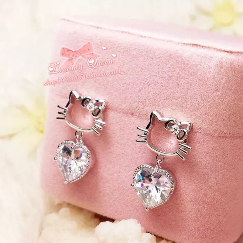 925銀針可愛甜美鏤空hello kitty小貓咪 心形超閃鑽石吊墜 耳環