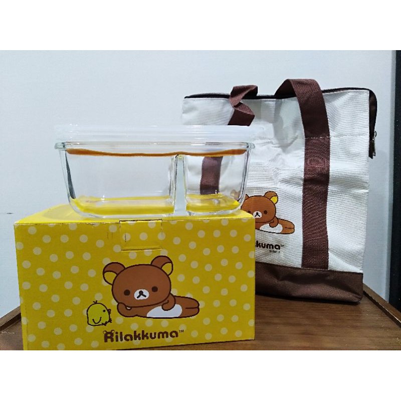 【Rilakkuma 拉拉熊】保溫袋+玻璃分隔保鮮盒 (830ml) 便當盒 玻璃保鮮盒 懶懶熊