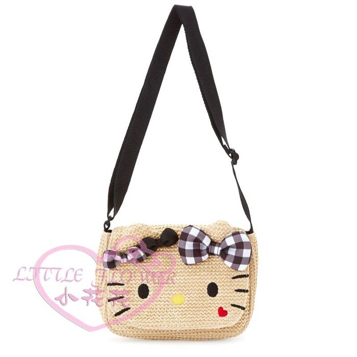 ♥小花花日本精品♥Hello kitty凱蒂貓大臉造型咖啡色側背包斜背包萬用包-藤編風出外好攜帶10027608