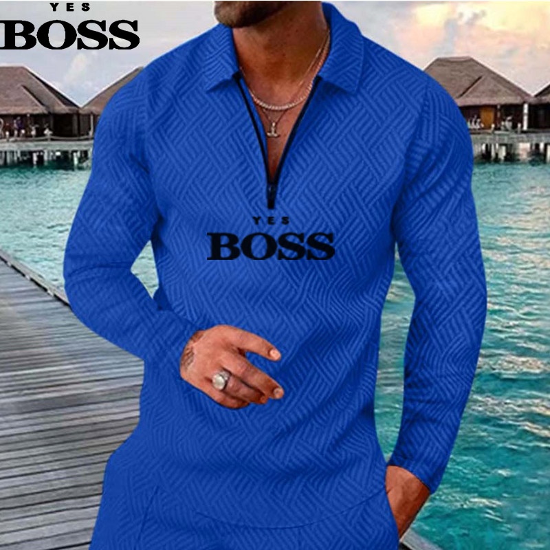 大碼s-3xl男士時尚精品休閒長袖polo衫boss男士純色翻領polo衫