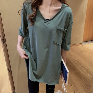 V領上衣 中大尺碼上衣M-3XL 長版衣 大碼上衣 棉花糖短袖t恤女中長款V領寬鬆半袖體恤白色11054 胖胖美