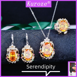 Kuroze 復古宮廷風格彩色寶石首飾套裝蓮花葉項鍊黃鑽耳墜吊墜開口戒指