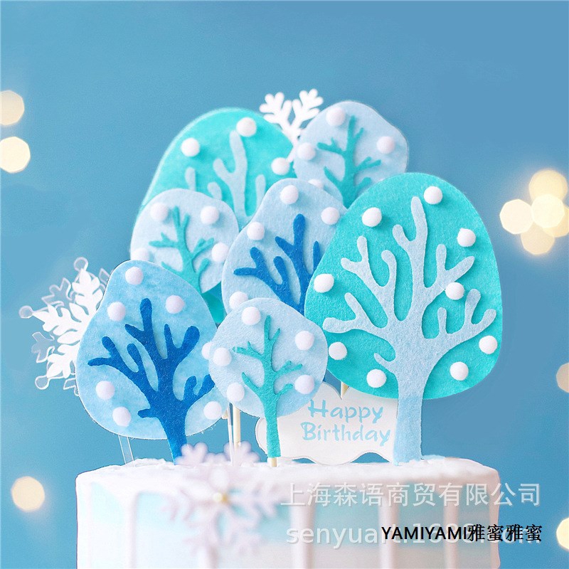 🔹批發🔹蛋糕裝飾🔹新年烘焙蛋糕裝飾藍白色冬天森系毛氈樹木蛋糕插牌插件