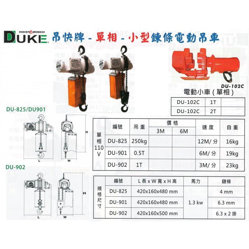 DUKE吊快牌 單相110V 小型鏈條電動吊車 小型鍊條電動吊車 DU-825 吊重：250KG 揚程:6M