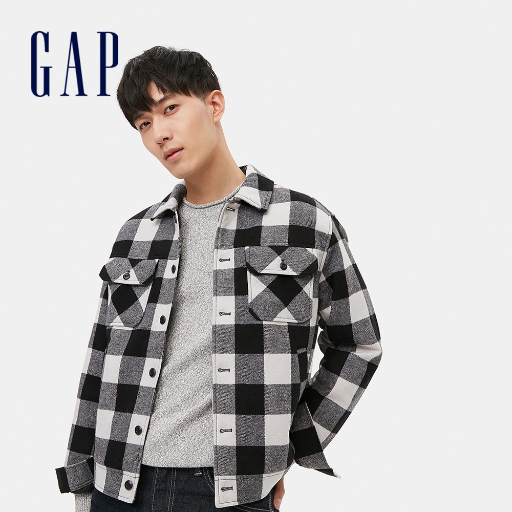 Gap 男裝 羊毛混紡格紋翻領外套-黑白格紋(593075)