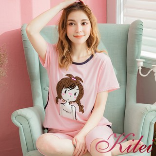 【Kilei】女生睡衣 睡衣套裝 居家服 辦子女孩毛線插畫貼布短袖二件式睡衣組XA3669(甜漾豆粉色)全尺碼