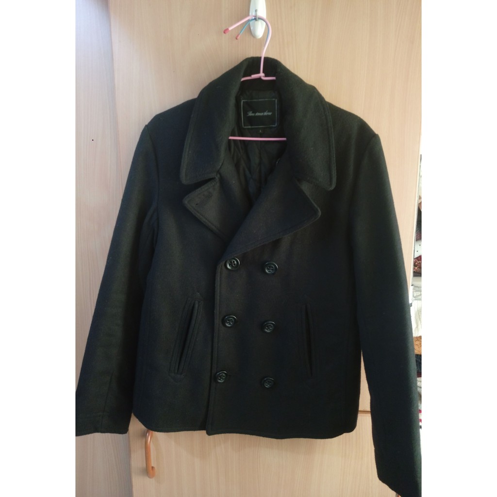 日本UNITED ARROWS 副牌羊毛合身短版雙排釦大衣外套 黑色毛料短大衣 pea coat