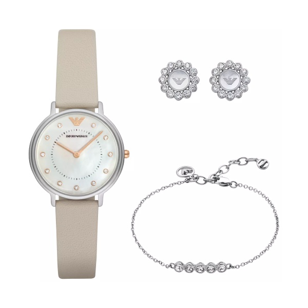 【Emporio Armani】Dress優雅風情時尚晶鑽腕錶+首飾套組-珍珠白/AR80001/台灣總代理公司貨享兩年