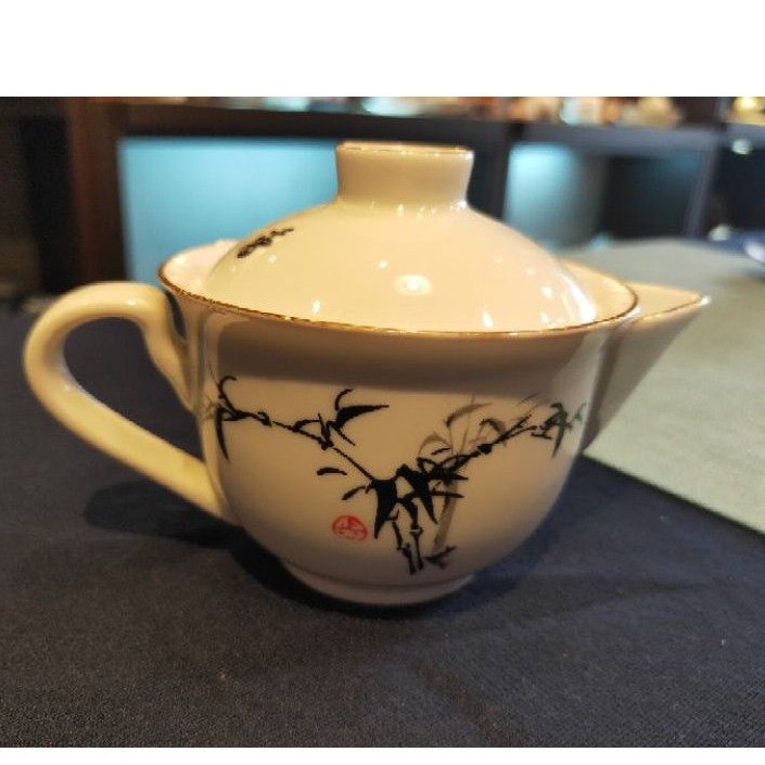 茶水間-絕版金邊墨竹瓷側杯茶壺 台灣早期製作全新泡茶生活陶瓷器皿