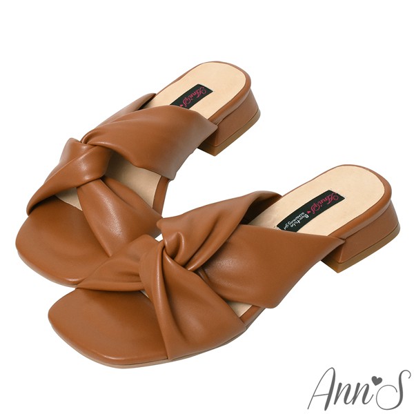 Ann’S棉質感受-柔軟扭結方頭涼拖鞋3cm-棕(版型偏小)