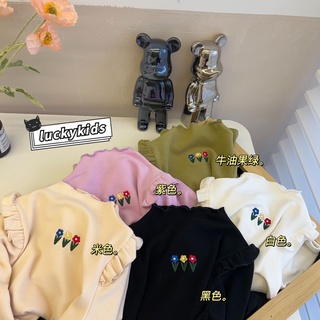 可愛女寶寶花朵刺繡荷葉邊設計長袖打底衫秋冬高彈上衣