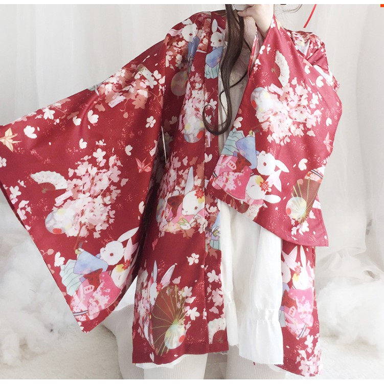 日系可愛祈願兔羽織印花少女學生防曬百搭外套日式女和服 蝦皮購物
