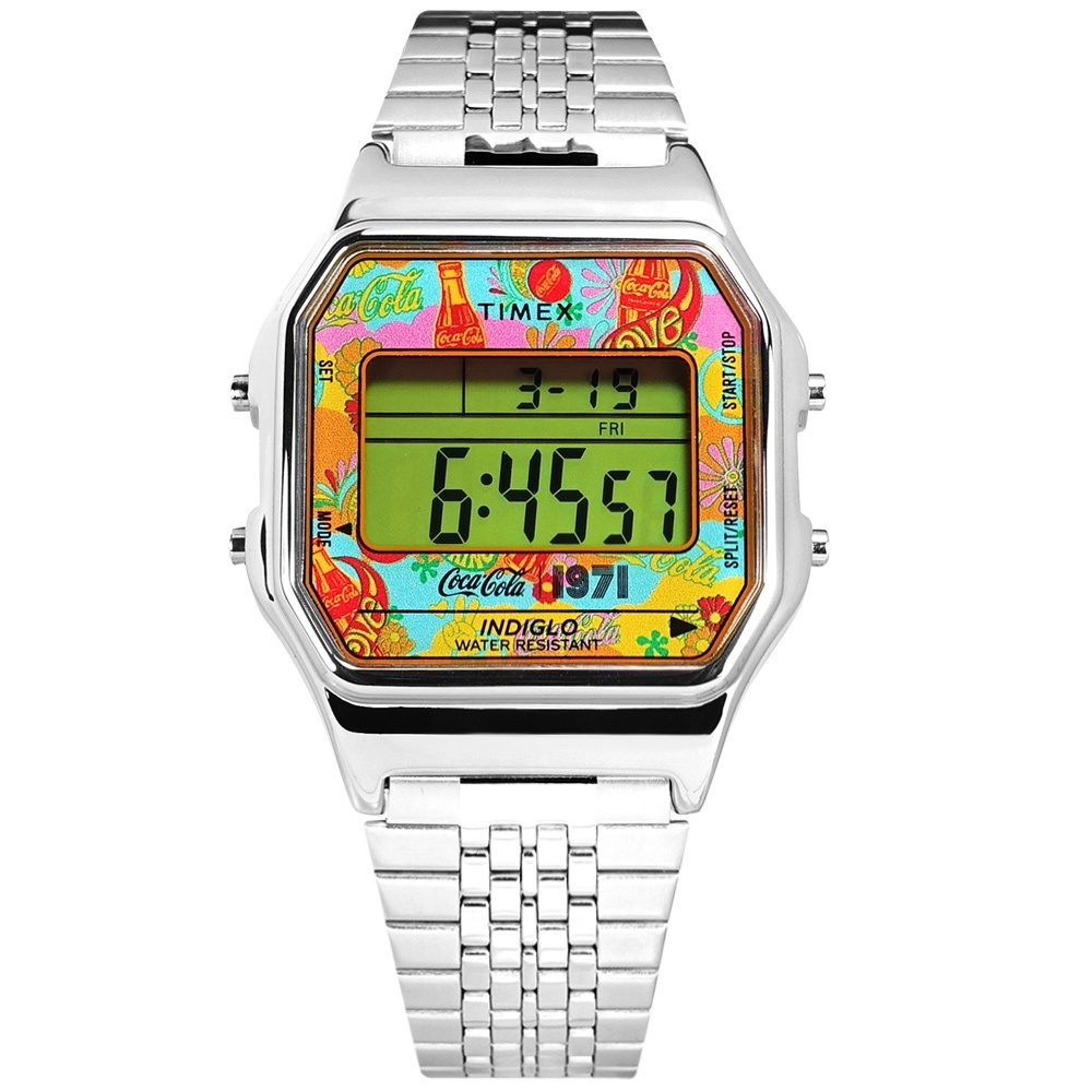 TIMEX 天美時 / 可口可樂聯名 復古 鬧鈴 計時 不鏽鋼手錶 銀色 / TXTW2V25900 / 34mm