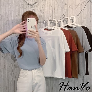 【HanVo】六色百搭素面寬鬆短袖棉T恤 吸濕排汗 休閒圓領短袖上衣素T恤 韓系女裝 女生衣著 A01-1184