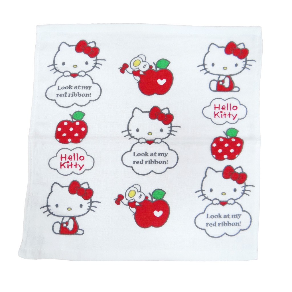 【Sanrio三麗鷗】凱蒂貓與點點紅蘋果紗蘿方巾 100%棉 34x35cm