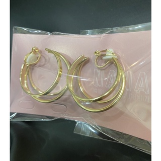 三款全新耳夾式耳環（三環交叉金色圓圈、垂墜式粉紅圈圈月亮、垂墜式不對稱彩色愛心）