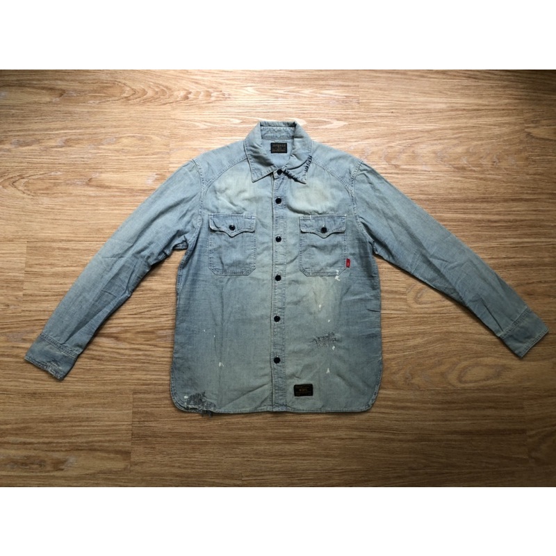 日本製美品WTAPS CELL L/S INDIGO CHAMBRAY SHIRTS淺藍手工縫補強水洗加工破壞長袖襯衫2