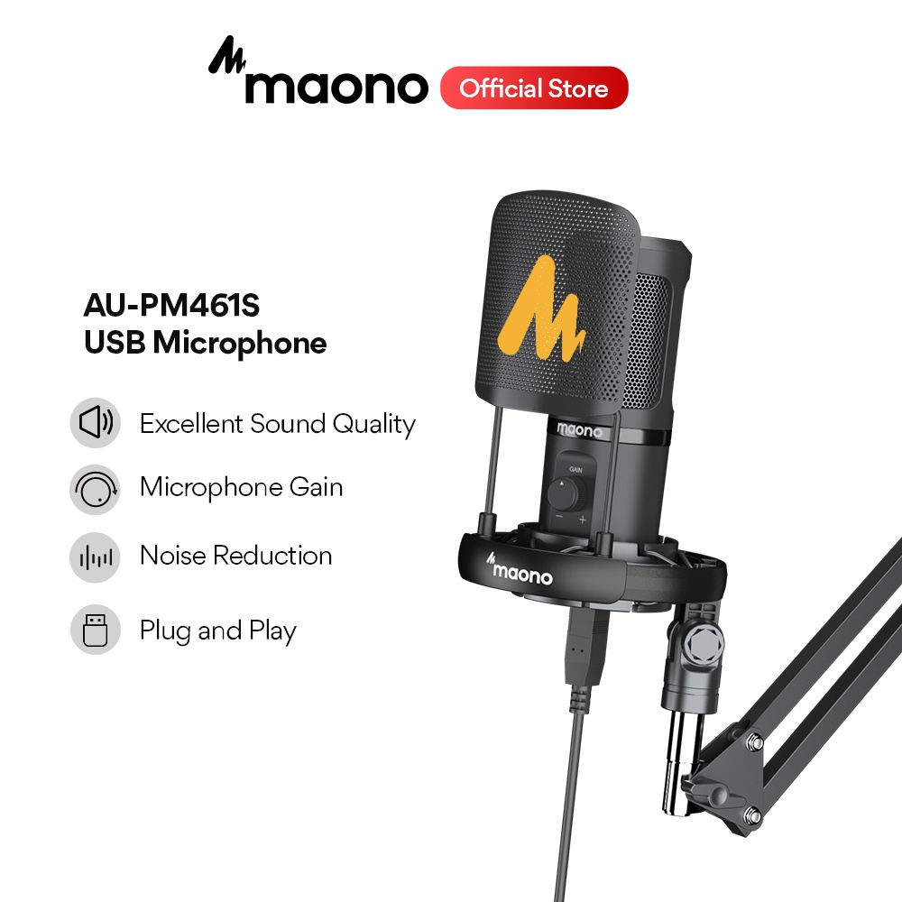 Maono PM461S USB麥克風心形電容麥克風電腦遊戲麥克風帶麥克風增益和懸臂支架用於電腦錄音直播