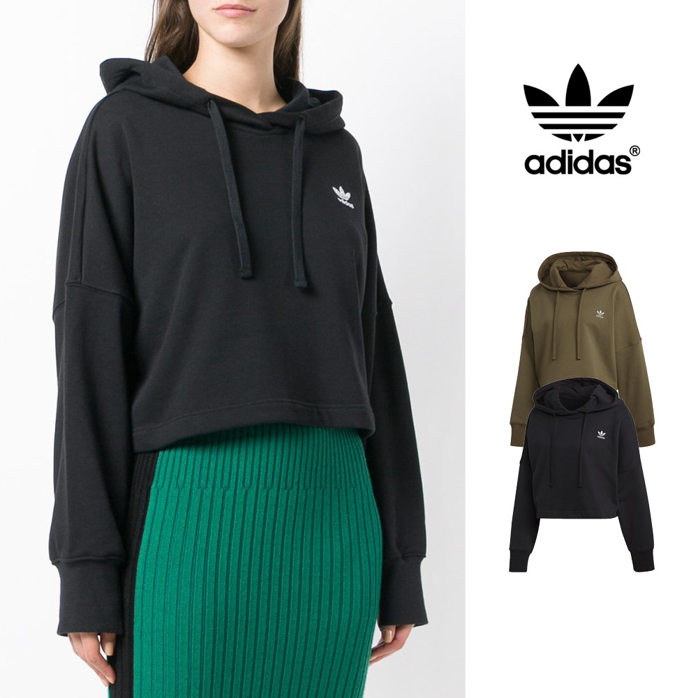 Adidas 黑/綠 連帽T恤 女款 運動 休閒 短版 寬鬆 棉質 帽衫 三葉草 Logo