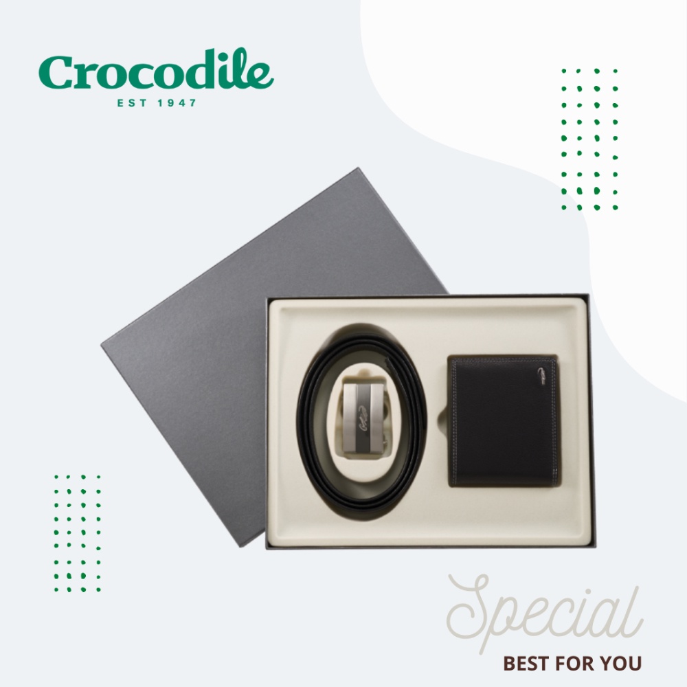 Crocodile 鱷魚皮件 真皮自動皮帶/皮夾 經典熱銷 男士送禮 交換禮物 兩件禮盒組-0105-0020