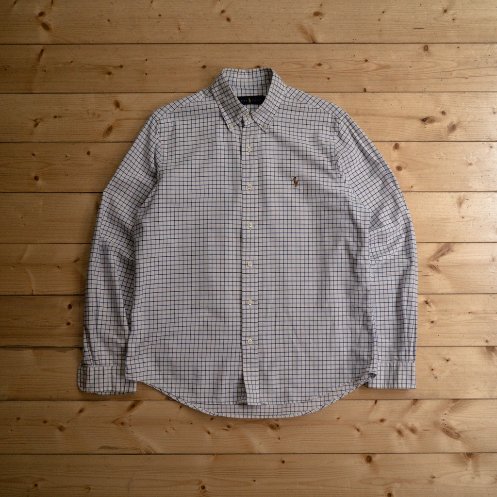 《白木11》 90s Polo Ralph Lauren plaid bd shirt 白色 格紋 扣領 長袖 襯衫