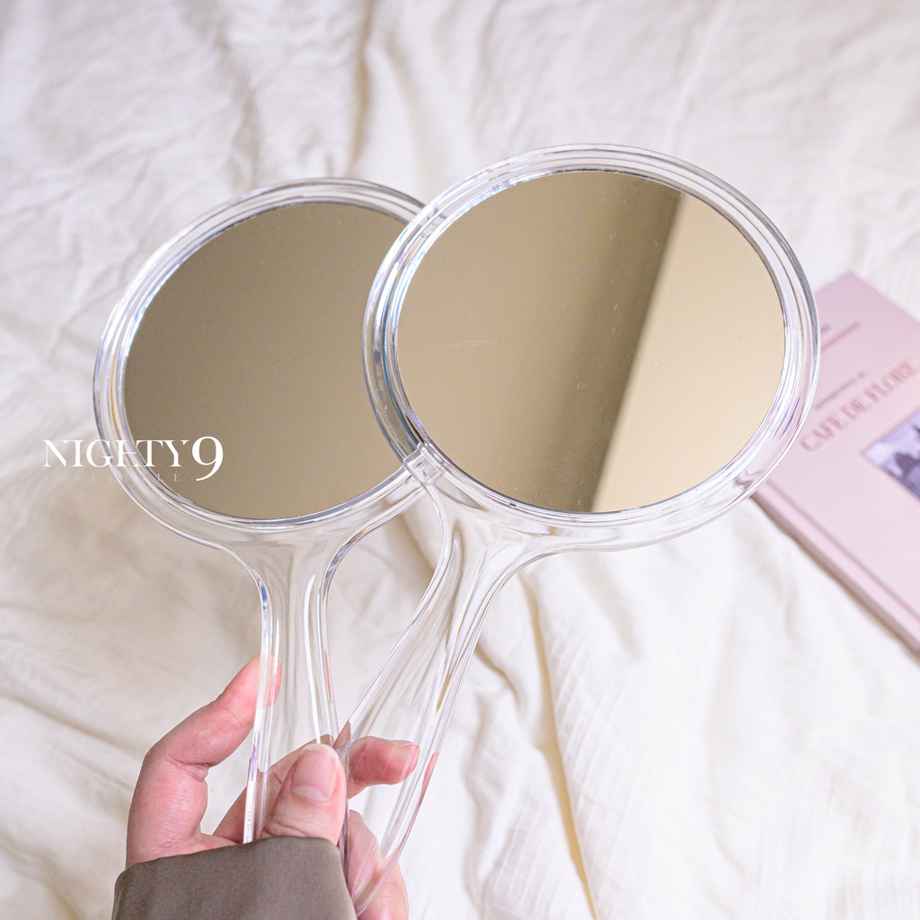 𝐍𝐢𝐠𝐡𝐭𝐲𝟗｜ins透明雙面手拿鏡簡約鏡子美容化妝鏡手柄圓鏡放大鏡子/台灣現貨/