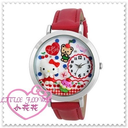小花花日本精品♥ Hello Kitty 水鑽手錶手表浮雕軟陶皮革錶帶～紅色站姿點心99912208